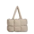 Sac fourre-tout matelassé beige avec surpiqûres carrées et larges bretelles douces - Sans pendentif / Kaki