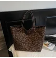 Large leopard print faux suede tote bag with brown adjustable handles for daily work - Brown