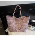 Pink leopard print suede tote bag with slim cord straps for casual daily use - Purple