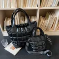 Two-piece set of black quilted tote bags featuring a stylish patterned crossbody strap - Shoulder Tote Bag / Large / Black