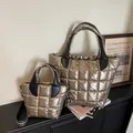 Quilted metallic champagne gold tote bag set with black handles and woven strap - Shoulder Tote Bag / Large / Gold