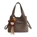 Brown litchi grain leather bucket bag with top handle and star charm accessory - No Pendant / Gray