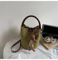 Green suede bucket bag with brown leather handle and cute knit rabbit pendant accessory - With Pendant / Green