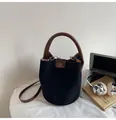 Retro bucket bag in navy blue suede and brown leather trim with branding details - No Pendant / Black