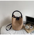 Vintage brown suede bucket bag with black top handles and stylish leather crossbody strap - No Pendant / Khaki