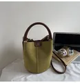 Retro grass green bucket bag with suede texture and brown handles for daily use - No Pendant / Green