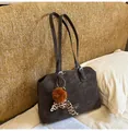 Vintage dark coffee tote bag in matte frosted leather with chic leopard print charm - Coffee With Pendant
