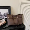 Large dark brown leather tote bag with gold metal buckle and stylish shoulder straps - Without Pendant / Coffee