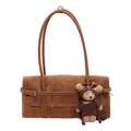 Borsa a spalla retrò marrone oversize con trama opaca e grazioso ciondolo a forma di orso - Marrone Con Ciondolo