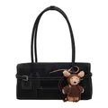 Borsa a spalla nera opaca con cuciture a contrasto bianche e un ciondolo a orsetto - Nero Con Ciondolo