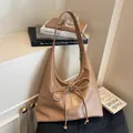 Bolso tote vintage color camel de cuero PU mate con lazo decorativo y gran capacidad - Caqui