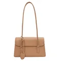 Minimalist light brown leather shoulder bag with sleek flap closure and decorative tag - Brown