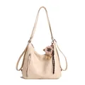 Beige faux leather convertible backpack and tote bag with plush charm and long tassels - With Charm / White