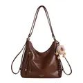 Vintage dark brown leather tote bag with a cute plush bear charm and adjustable strap - With Charm / Brown