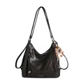 Dark brown faux leather convertible backpack and tote bag with plush animal charm accessory - With Charm / Black
