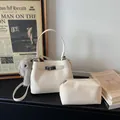 Chic beige lychee grain bucket bag set with mini pouch and cute elephant charm - With Pendant / Off White