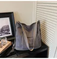 Borsa tote in velluto a coste grigio-blu con tasca a pressione e tracolla regolabile - Grigio