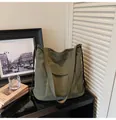 Borsa tote in velluto a coste verde retrò con tasca frontale e tracolla spessa - Verde