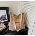 Khaki corduroy shoulder bag with front flap pocket and adjustable strap for women - Khaki