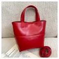 Minimalist red faux leather tote bag with dual handles and detachable shoulder strap - Red