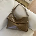 Dark brown vintage hobo tote bag in wrinkled leather finish with Korean script - Brown - Without Pendant