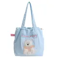 Light blue canvas tote bag with cute 3D lucky puppy plush and pink polka dot patterns - Polka Dot Style / Blue