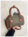 Olive canvas mini Boston bag with brown leather trim and detachable shoulder strap - Green