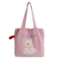 Pink canvas tote bag with lucky puppy embroidery and drawstring closure design - Pink