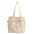 Cute cream canvas tote bag with lucky puppy embroidery and ruffled edge detail - Yellow