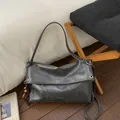Metallic grey faux leather tote bag with pleated texture and stylish wooden bead charm - Gray - With Pendant