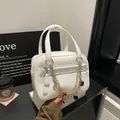 White litchi pattern leather handbag with thick metal chain and double zipper pocket - White