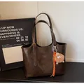 Retro coffee brown large tote bag with metallic logo and cute fuzzy monster charm - With Pendant / Coffee