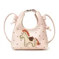 Rosa Hobo-Schultertasche für Mädchen mit Herzmuster und gewebtem Pony-Aufnäher - Rosa