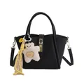 Sac seau noir texture litchi avec breloque ours en peluche et foulard décoratif - Sans pendentif / Noir