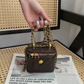 Deep brown quilted mini vanity bag with golden chain and camellia metal hardware - Coffee Small