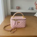 Light pink quilted mini square box bag with golden chain and camellia emblem - Pink Large