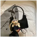 Glossy black shoulder bag with cute bear charm and minimalist half-moon shape design - Black With Pendant