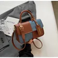 Brown leather and blue denim patchwork crossbody bag with retro metal buckle - Large / Brown