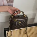 Quilted dark brown mini box bag with gold camellia accent and leather-chain strap - Coffee Large
