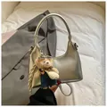 Silver metallic moon-shaped hobo bag with teddy bear charm and stylish striped scarf - Silver with Charm