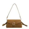 Minimalist square crossbody bag in tan brown suede finish with gold metal buckle closure - Brown