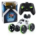White 2.4G RC Tornado Spinner stunt car with green wheels, remote, and retail box - White