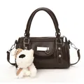 Dark brown patent leather bowling bag with heart pendant and cute plush dog charm - Coffee (With Pendant)
