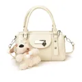 Creamy white leather bowling bag with cute plush puppy charm and heart detail - Off-White (With Pendant)