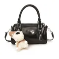Glossy black patent leather pillow bag with metal heart pendant and cute bear charm - Black (With Charm)