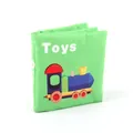 Soft green baby cloth book featuring colorful cartoon train design and Toys lettering - Toy