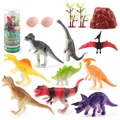 Set di 9 dinosauri giocattolo con uova e alberi in un contenitore trasparente portatile - 1345 Barattolo Piccolo Rotondo 3072 G