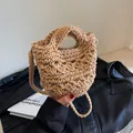 Chic apricot hand-woven crochet bucket bag with hollow texture and shoulder strap - Khaki