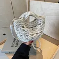 Beige crochet beach bucket bag with openwork texture and detachable shoulder strap - White