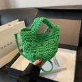 Grass green hollow crochet bucket bag with woven strap and gold metal hardware - Green